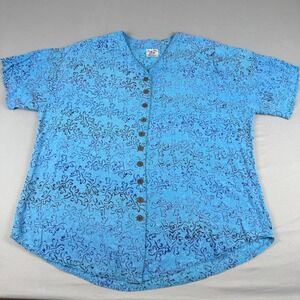 Vintage Young Fashion Short Sleeve Button Down Top Teal Blue Floral Print Size M